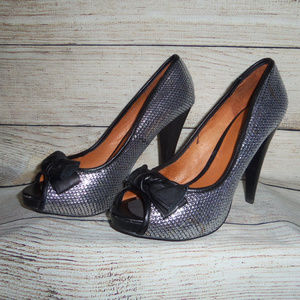 Aldo Silver Sequin Bow Peep Toe Heels 8